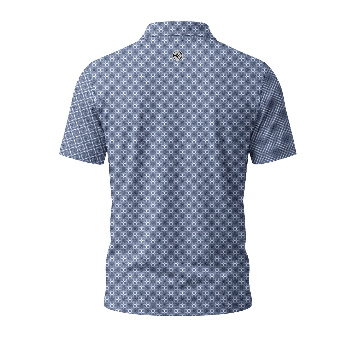 Blue patterned polo shirt on a white background