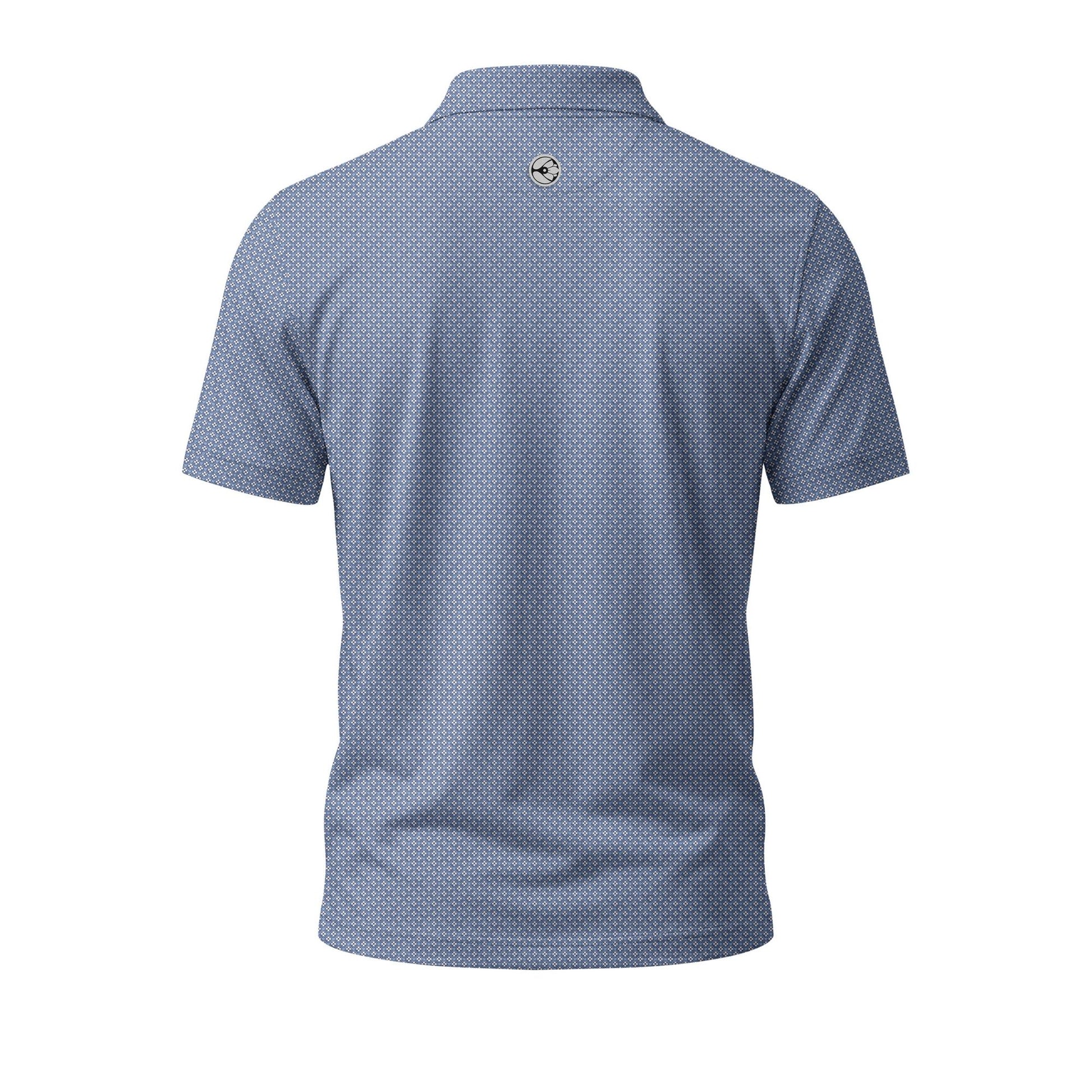 Blue patterned polo shirt on a white background