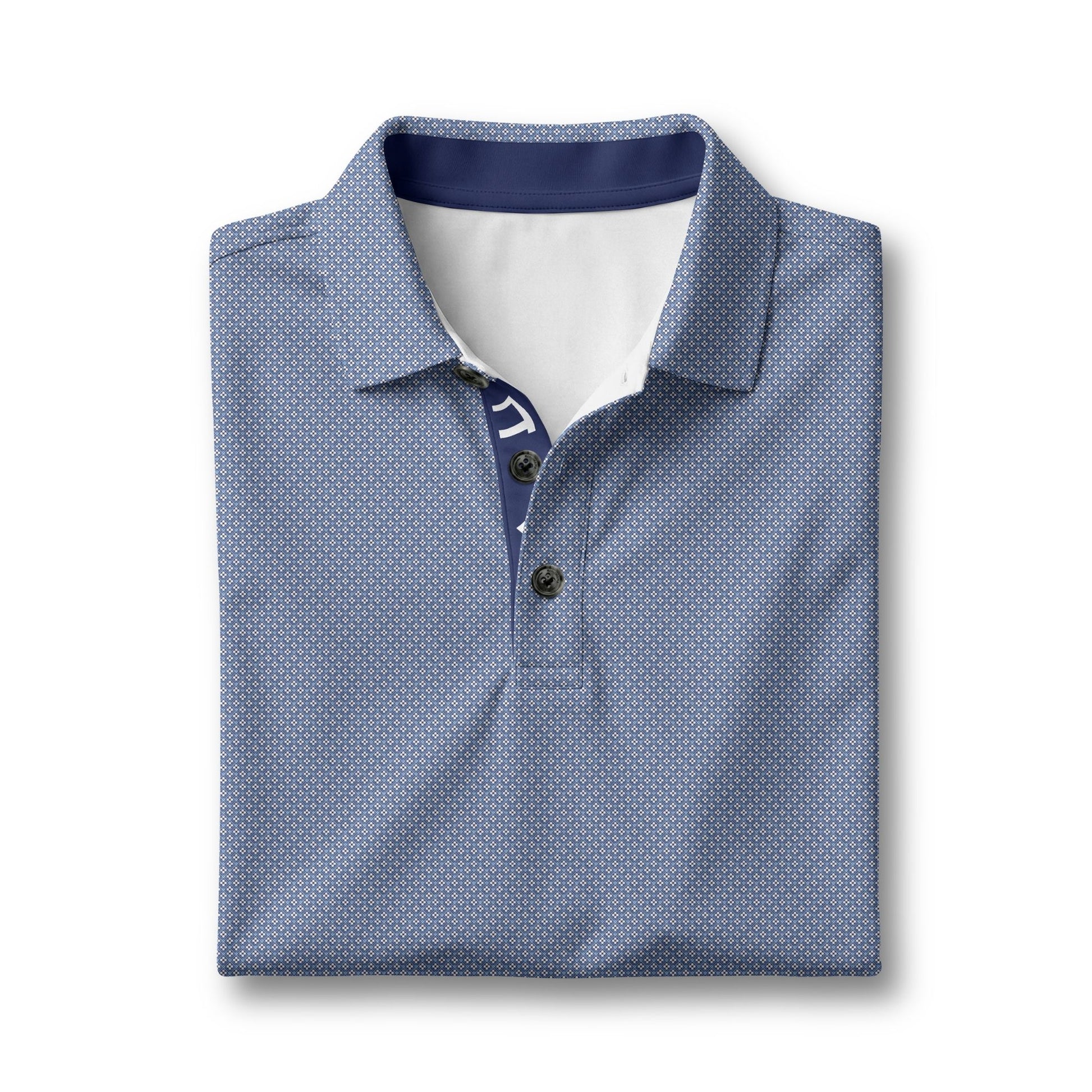 Folded blue patterned polo shirt with white collar on a white background