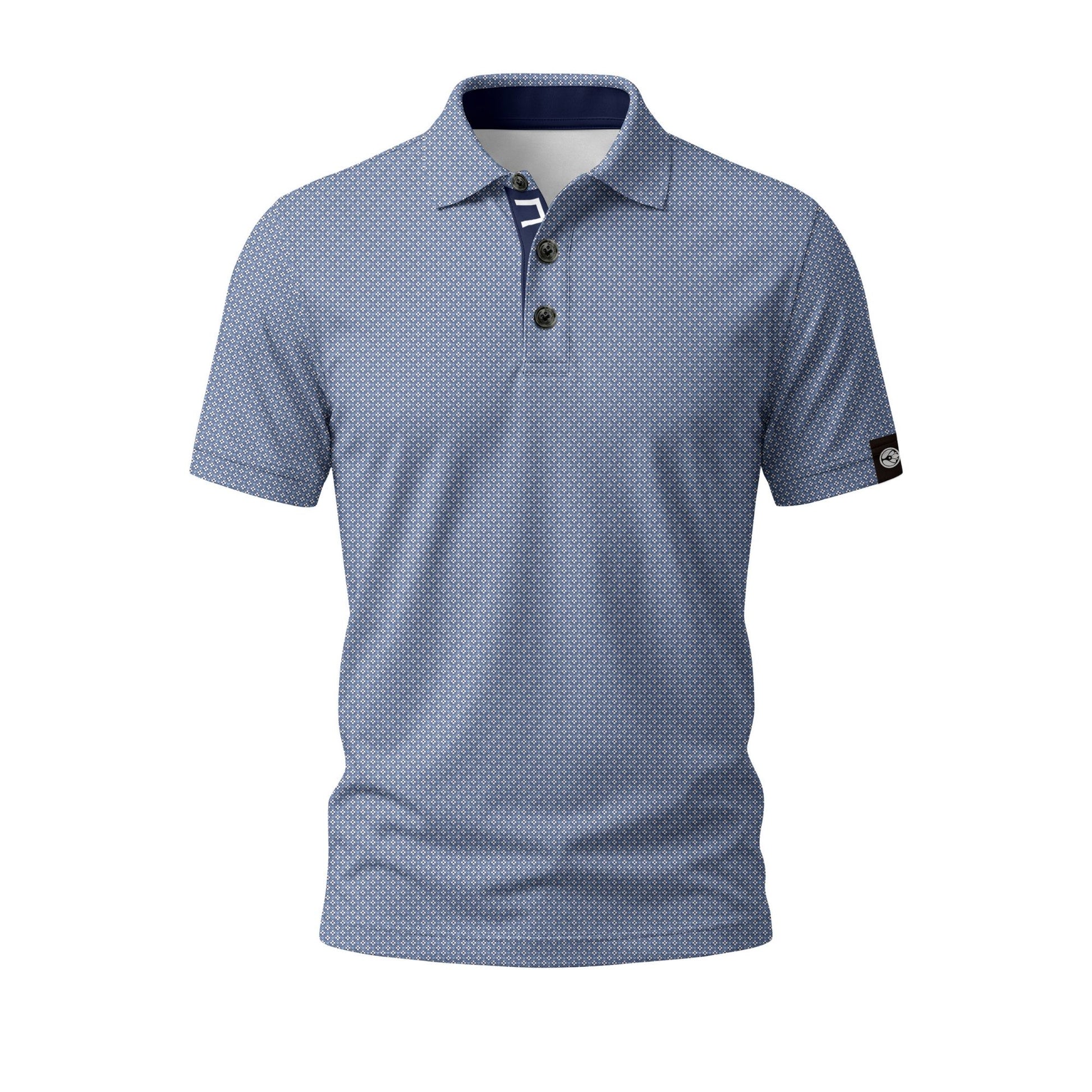 Blue patterned polo shirt on a white background