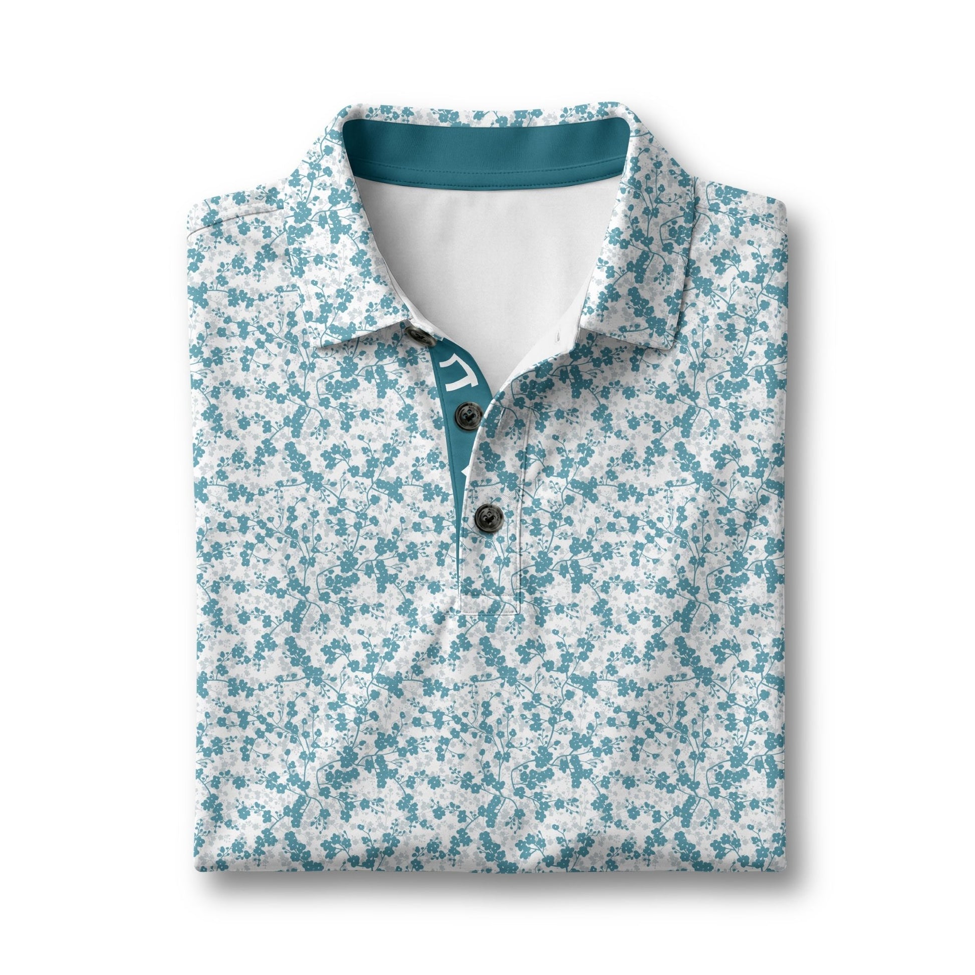 Floral patterned polo shirt with blue accents on a white background