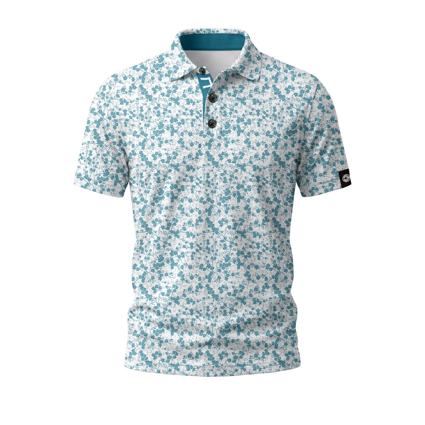 White polo shirt with a brand logo on the chest against a white background